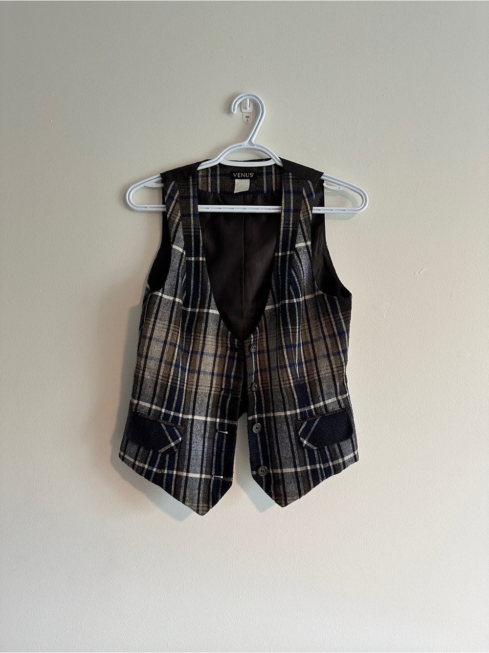 VENUS Plaid Vest in Navy and Brown Tones